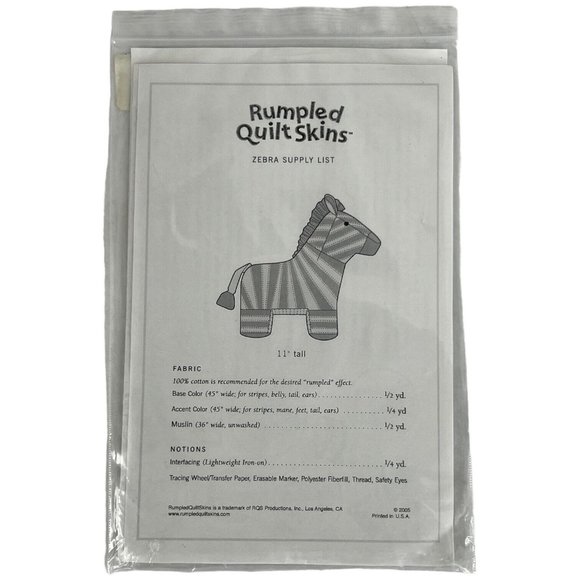 Rumples Quilt Skins Zebra Sewing Pattern 2005 Stuffed Animal 11 Inch Toy Stuffie - Picture 3 of 4